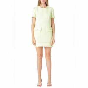 Endless Rose Light Green Frayed Trim Tweed Minidress